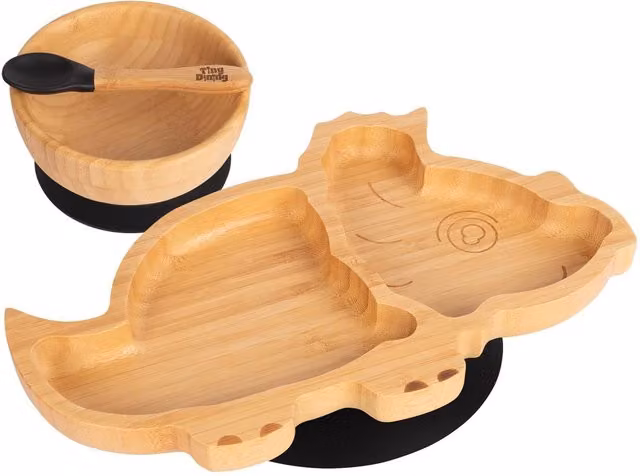 Tiny Dining 3-Piece Dinosaur Bamboo Suction Feeding Set for Toddlers in Black and Brown