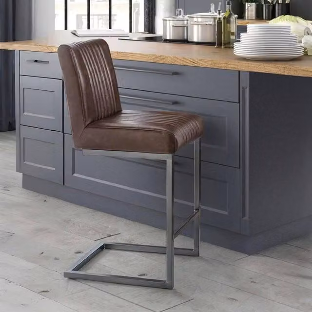 netfurniture Soho Bar Stool Set of 2 in Brown Synthetic Leather with Metal Cantilever Base