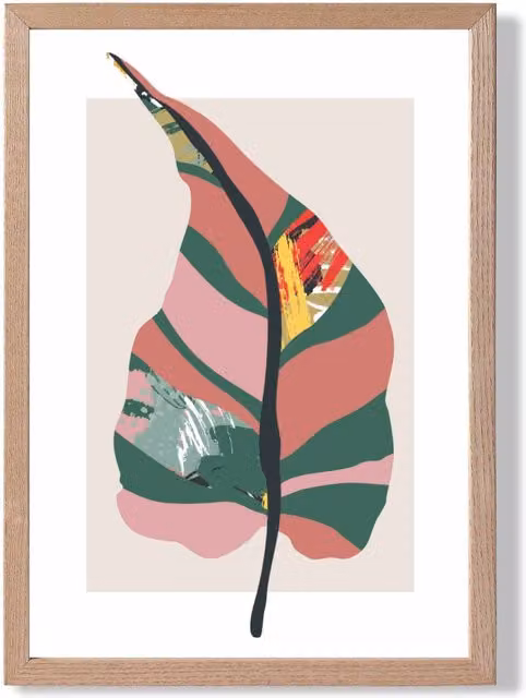 ARTZE Minimalist Tropical Plant Framed Print in Green and Red with Oak Frame, A3