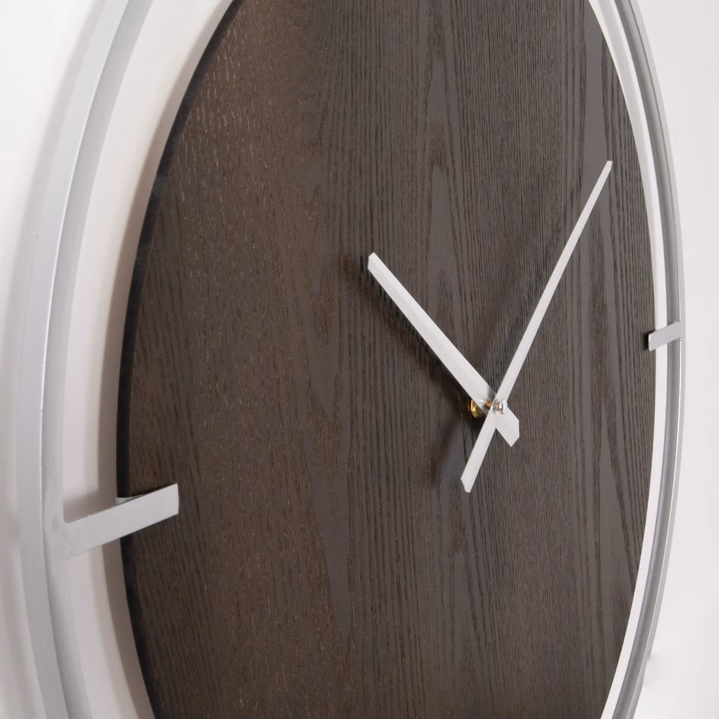 Native Home & Lifestyle Minimalist Round Analog Wall Clock in White and Silver with Wood and Metal Details – 3