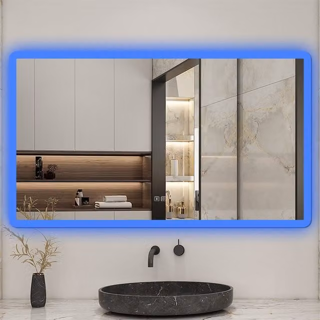 AicaBathroom Dimmable LED Bathroom Mirror with White and Blue Light Speaker, White, Width: 80 cm