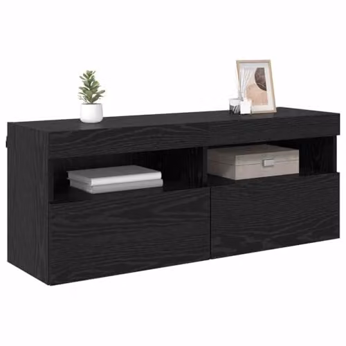 vidaXL Modern Wall-Mounted TV Cabinet in Black Matt MDF with Integrated Lighting and Internal Shelves, W/D/H: 100 x 40 x 40 cm