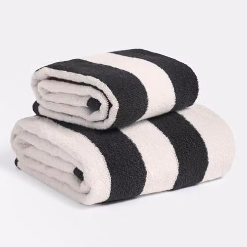OHS 2 Pack Striped 100% Cotton Hand Towels in Black and White, W/D/H: 50 x 80 x 0.5 cm