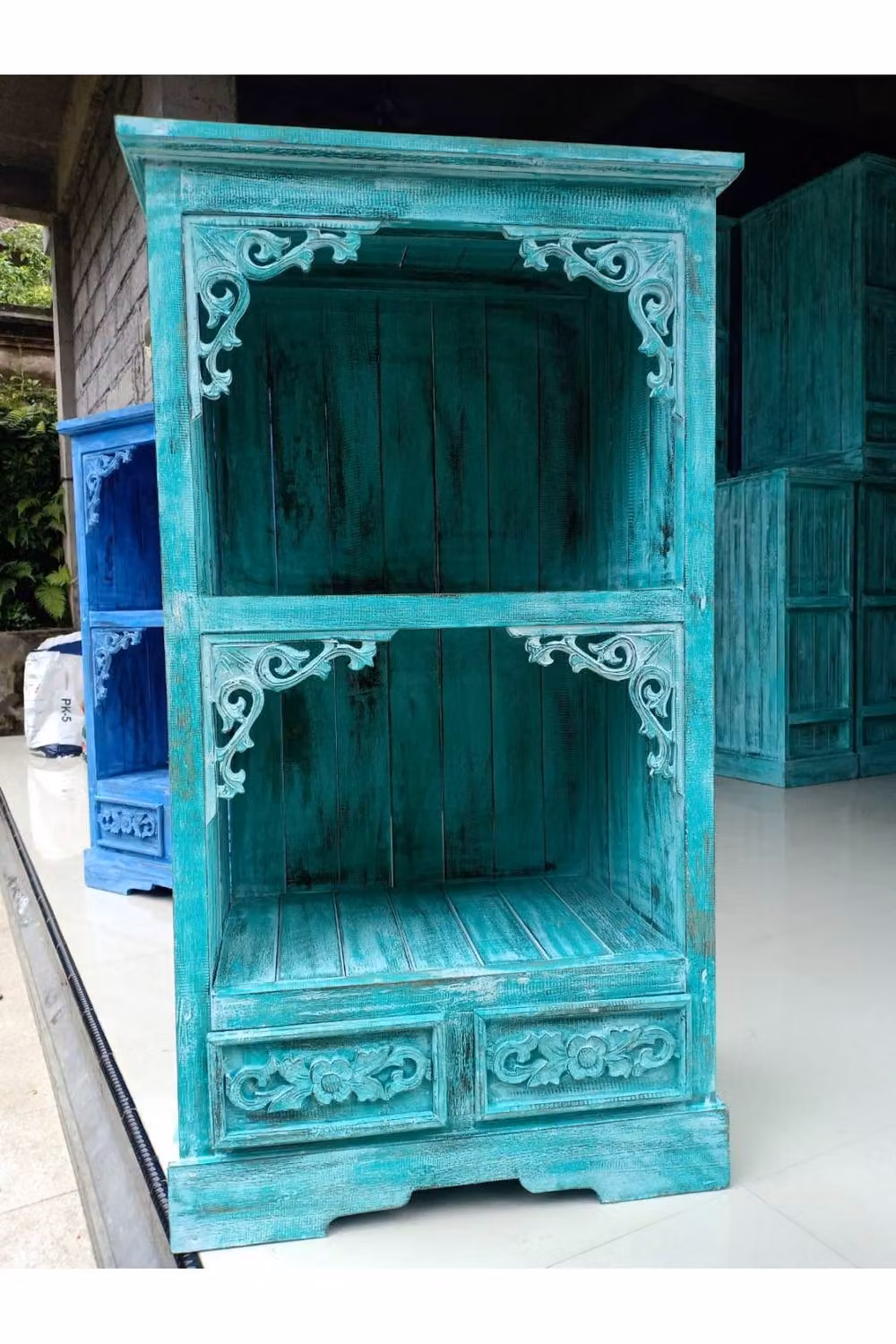 KDMD Albasia Turquoise Shabby Chic Bathroom Storage Cabinet with Doors and Drawers, H 120 cm x W 40 cm x D 66.7 cm – 2
