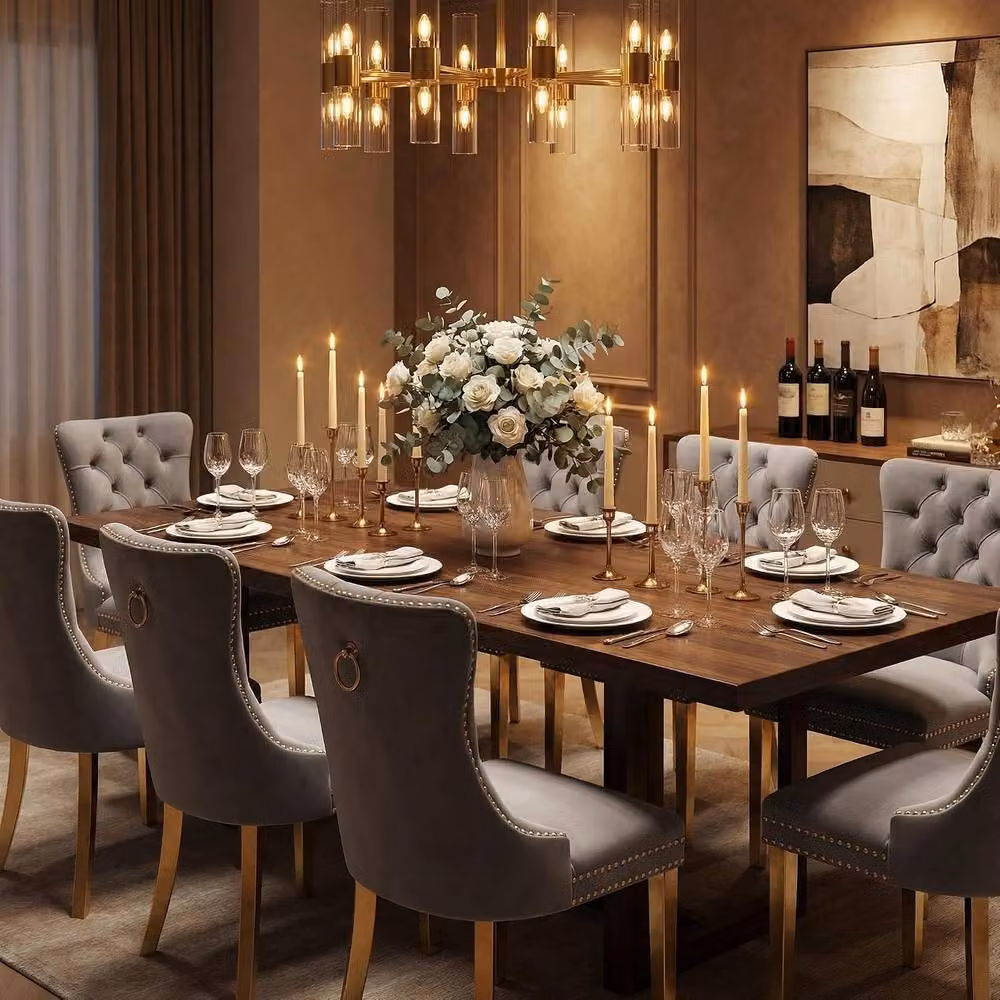 HomeTouch Set of 4 Grey Velvet Dining Chairs with Gold Metal Legs – 4