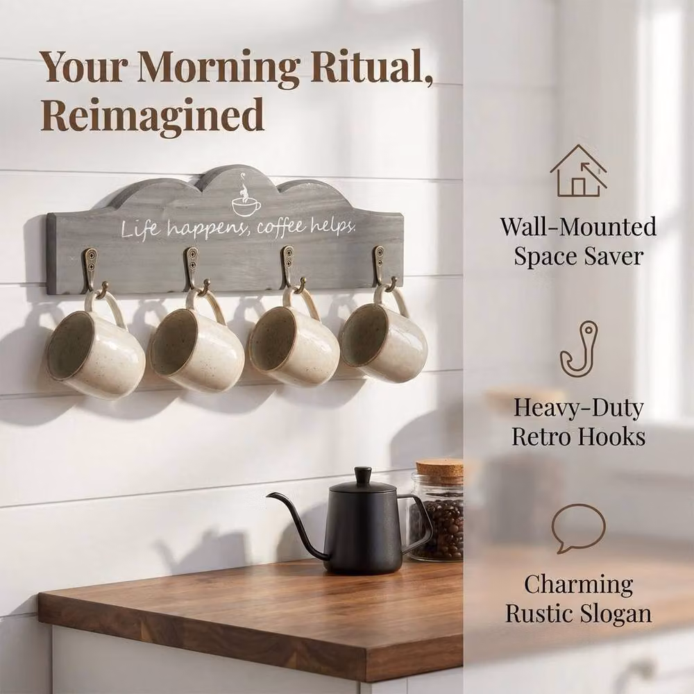 Kelvenix Grey Wall Mounted Coffee Mug Holder with 8 Hooks, 2 Pack – 4