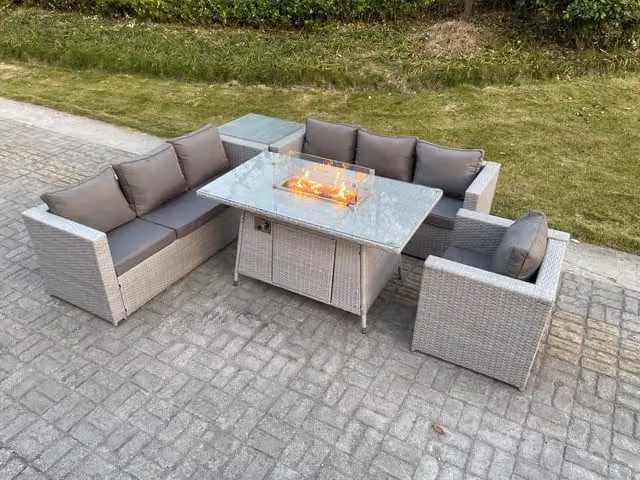 Fimous Light Grey Corner Rattan Garden Furniture Set with Gas Fire Pit Lounge Sofa and Side Coffee Table