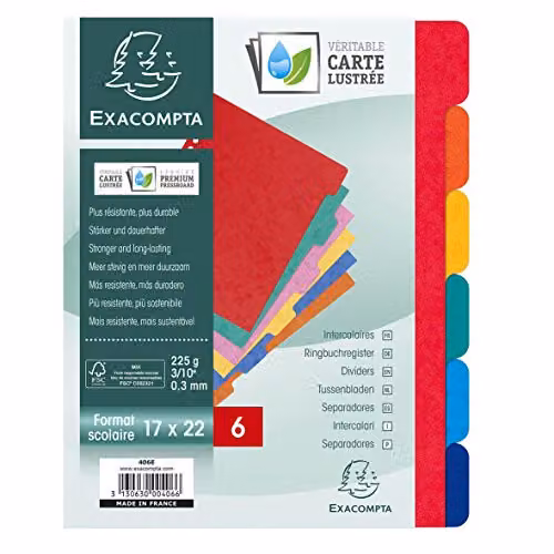 Exacompta Multicolour Glossy Card Dividers with 6 Blank Tabs, W: 22.5 cm, H: 17.0 cm