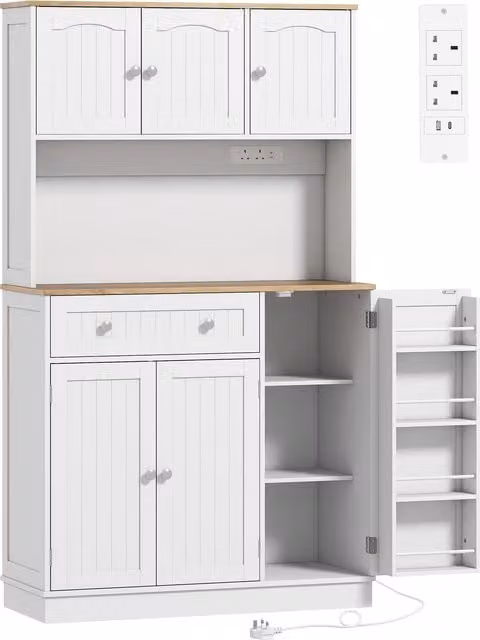 HOMCOM White Tall Kitchen Cupboard and Pantry Storage Cabinet with Charging Station and Adjustable Shelves, Height: 173 cm – 1