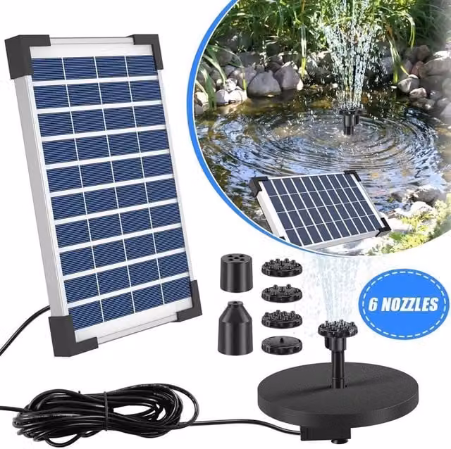 NESTLUNE Solar Powered Water Fountain Pump for Garden Pools and Ponds, Black, W: 100 cm, D: 15 cm, H: 15 cm