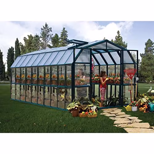 Palram Canopia Grand Gardener Greenhouse with Green Resin Frame and Transparent Polycarbonate Panels, W: 264.7 in, D: 637.3 in, H: 238.2 in