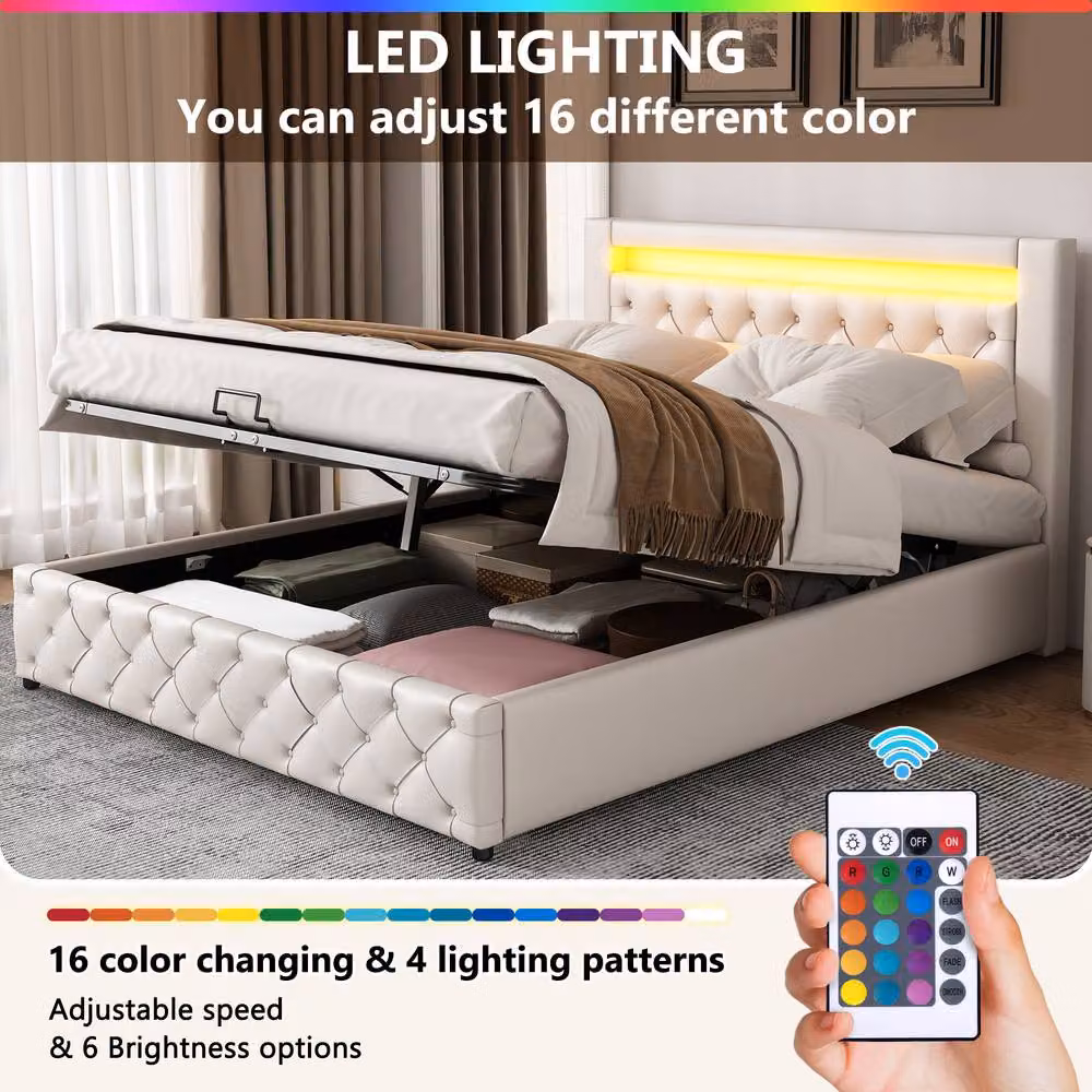 Rolipo White PU Upholstered Double Ottoman Bed with LED Headboard, W/D/H: 150 x 200 cm – 6