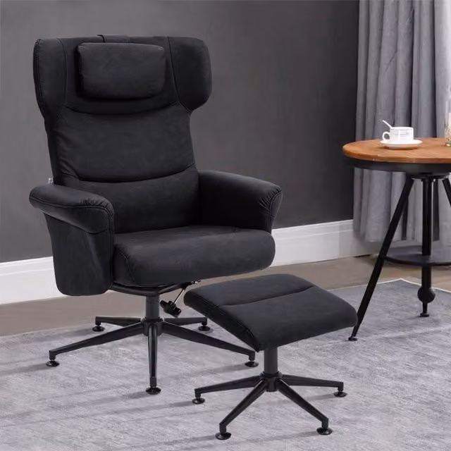 Livingandhome Black Synthetic Leather Upholstered Swivel Recliner Chair with Ottoman