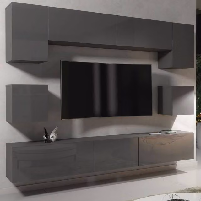 Mex Furniture LTD Panorama Wall Mounted TV Unit in Dark Grey with Glossy Hinged Doors, W: 242 cm, H: 35 cm, D: 207 cm