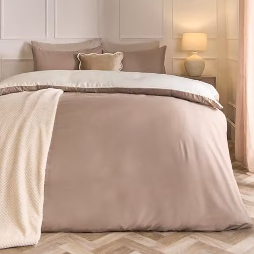 OHS Reversible Plain Microfibre Polyester Duvet Cover and Pillowcase Set in Mink/Beige/Brown, W/D/H: 200 x 200 cm