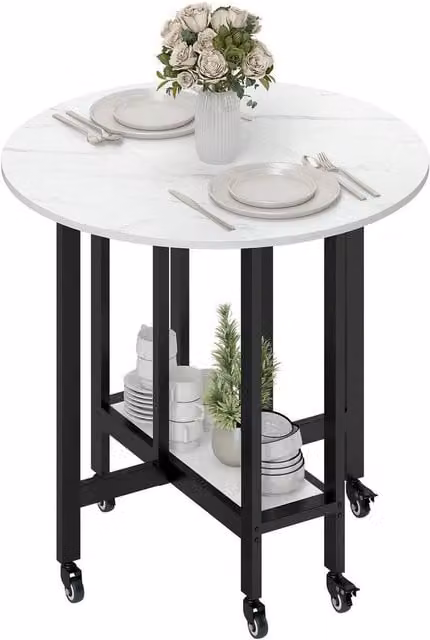 PAWNORA Modern White Drop Leaf Folding Dining Table with Marble Effect Round Top and Metal Legs – 1