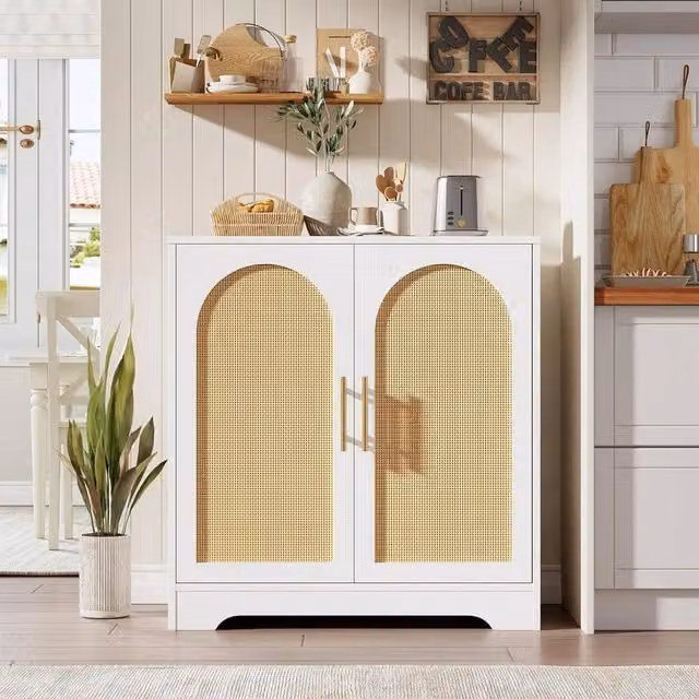 Havendro Modern White Rattan Sideboard Cabinet and Accent Console Table