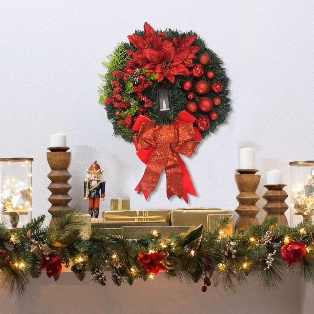 FLAVORA Large Red Christmas Lighting Wreath Garland with Warm White Lights, Diameter: 100 cm, Depth: 15 cm – 4