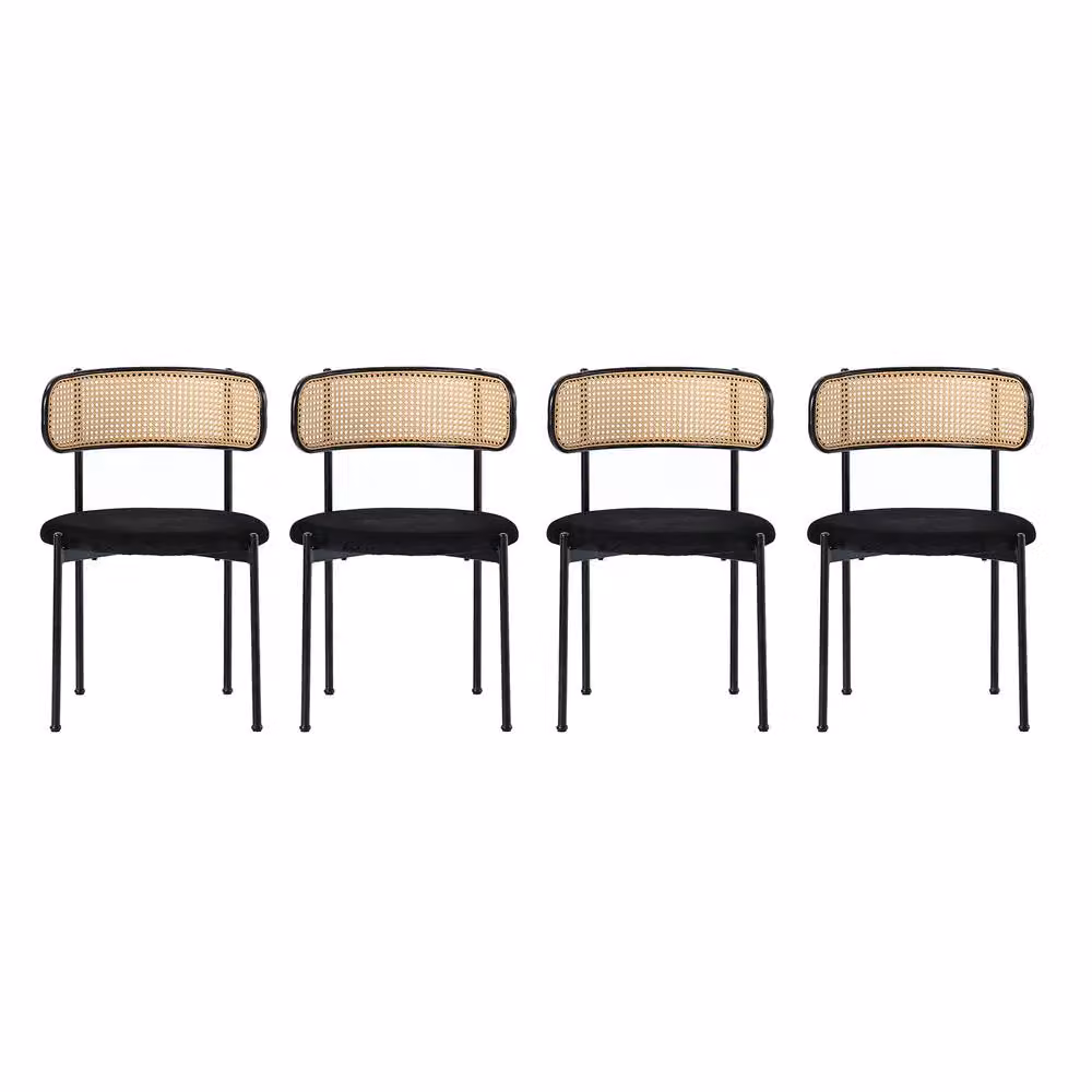 Merax Set of 4 Black Velvet and Rattan Dining Chairs with Metal Legs – 4