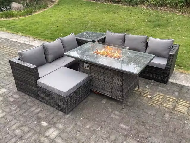 Fimous 7 Seater Rattan Gas Fire Pit Dining Table Set with Footstool in Dark Grey