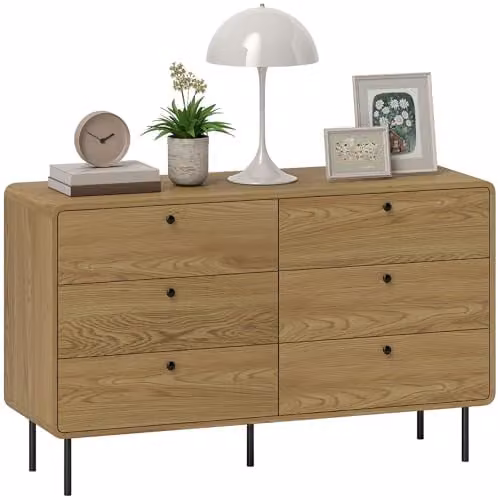 HOMCOM 6 Drawer Bedroom Chest of Drawers in Oak, W/D/H: 120 x 40 x 75 cm – 1