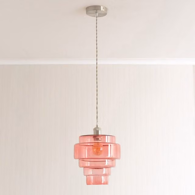 ValueLights Lane 5 Tier Glass Ceiling Pendant Light with Bulb, Brushed Chrome and Bright Pink