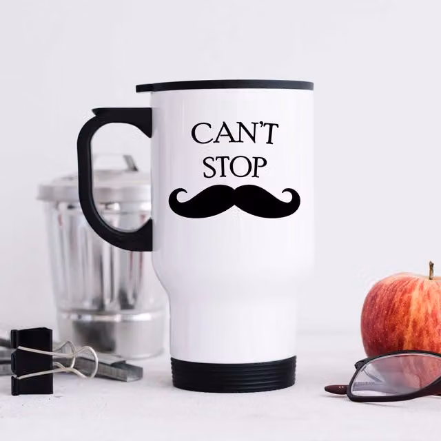 60 SECOND MAKEOVER Can't Stop Moustache Stainless Steel Metal Travel Mug in White – 1