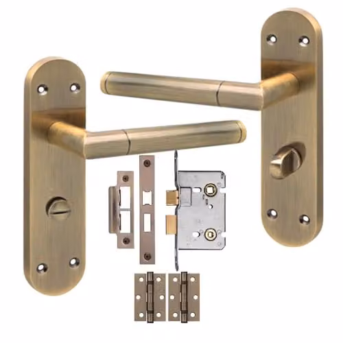 Golden Grace Mitred Bathroom Mortise Lock Handle Set with Long Rounded Backplate in Antique Brass and Bronze