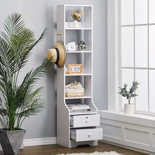 Livingandhome Narrow White Bedside Table with Compartments and Drawers