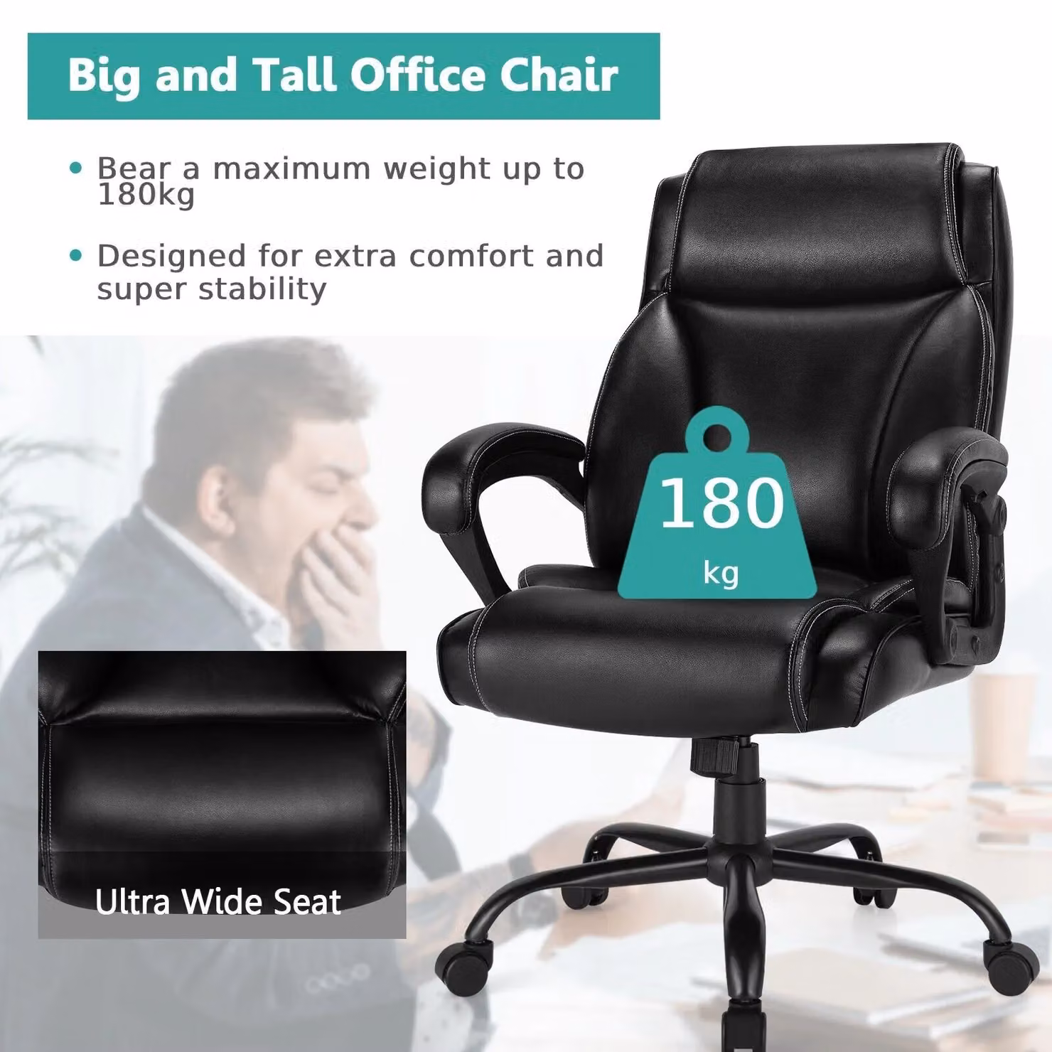 Costway Big and Tall Ergonomic Executive Office Chair in Black Synthetic Leather with Headrest and Rocking Backrest – 5