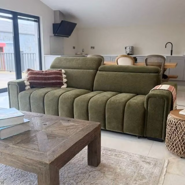 Stratus Interiors Molly Electric 3 Seater Fabric Sofa Bed in Green with Adjustable Headrest and Seat Depth