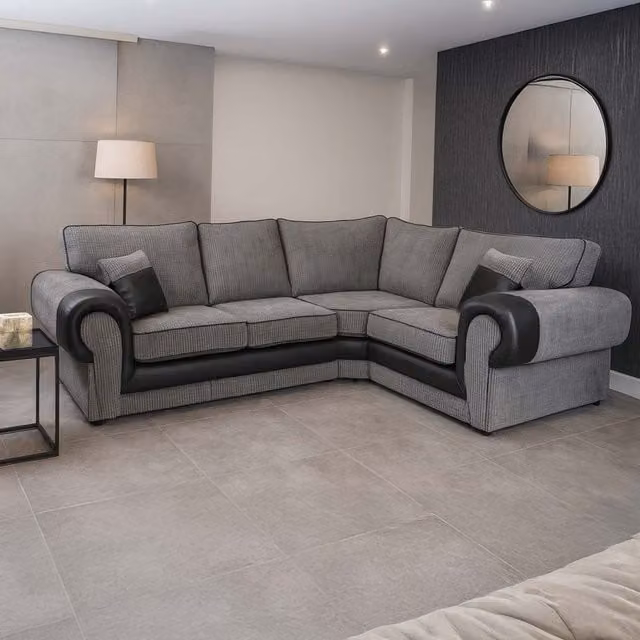 Furnishings For Less UK Portland 4 Seater L Shaped Corner Sofa in Grey Fabric and Leather with Roll Arms, Right Hand Facing – 1