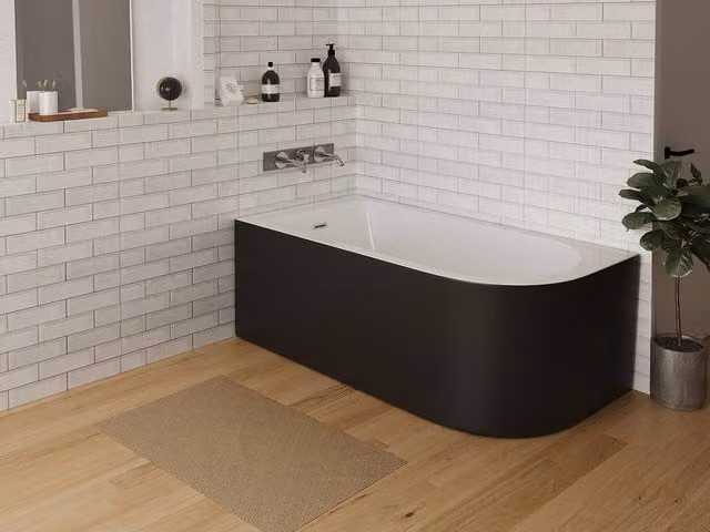 Vente-unique Asymmetric Corner Bathtub in Glossy Black, Left Hand, W/D/H: 150 x 75 x 58 cm – 1