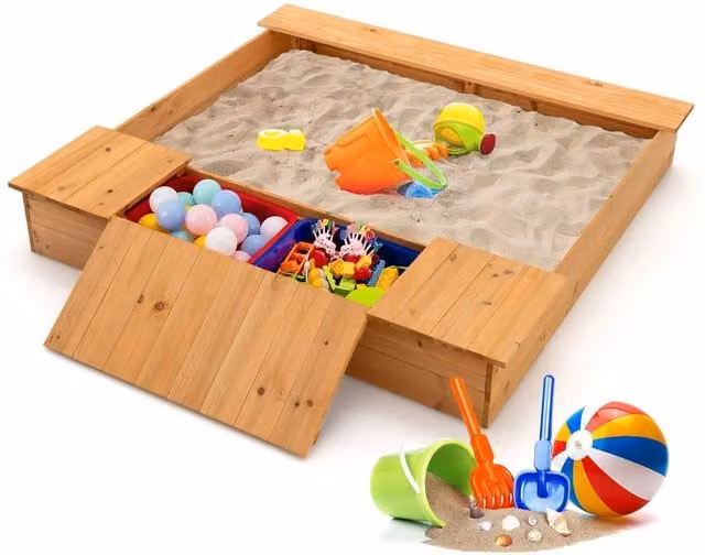 COSTWAY Wooden Outdoor Childrens Sandbox Play Station in Brown