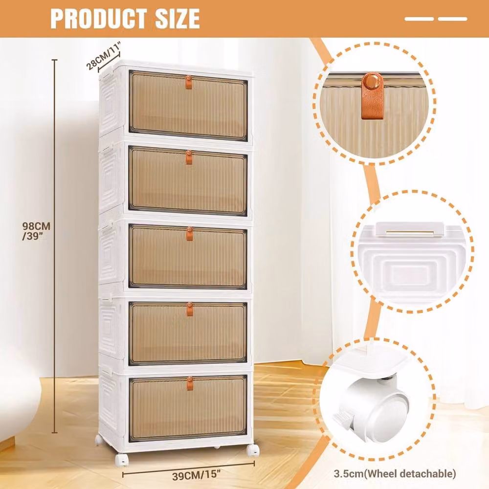 EONLION 5 Tier Large Folding and Stackable Storage Box in White, W/D/H: 50 x 50 x 50 cm – 2