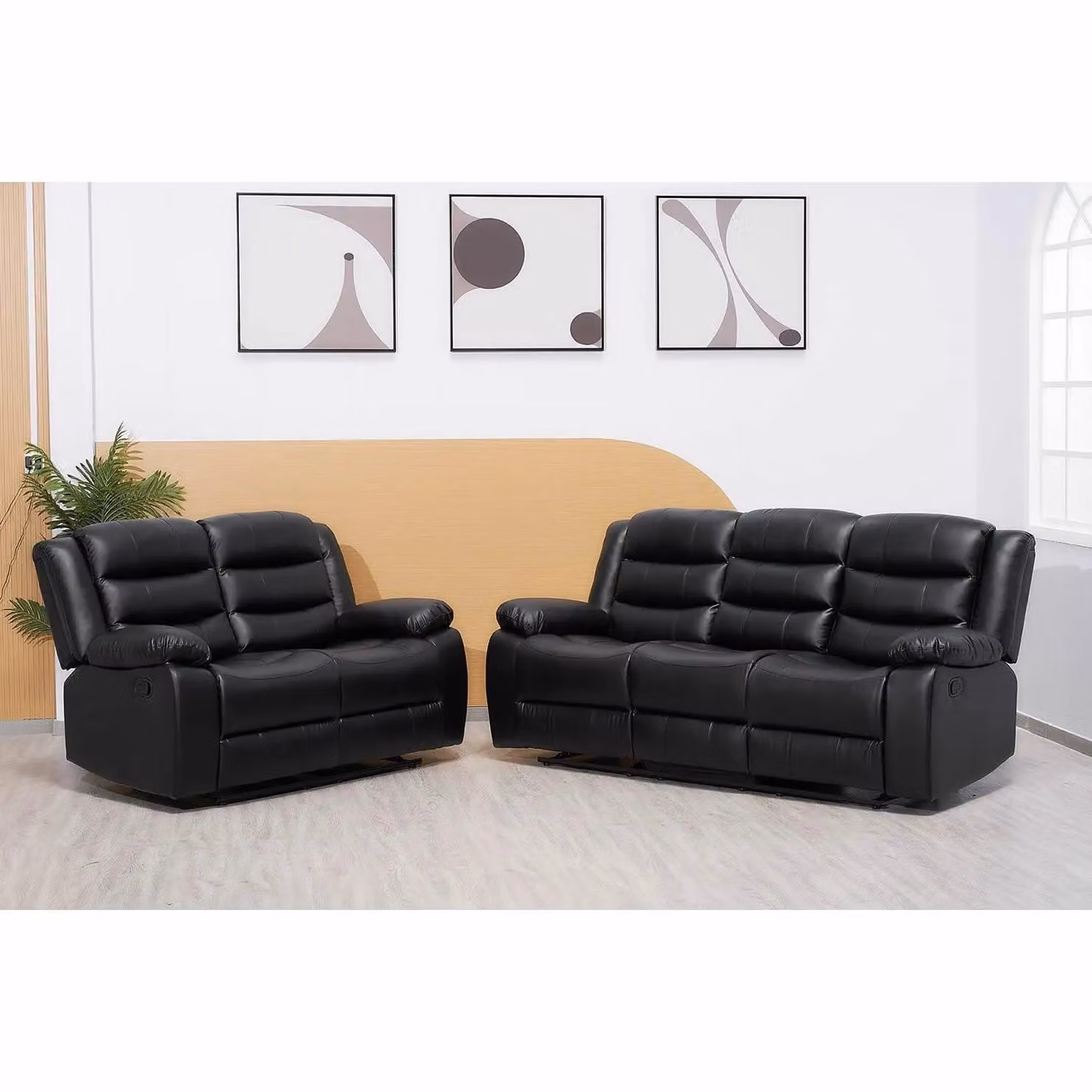 LUXURY LIFE Roma Leather Recliner Sofa Set in Black with 3-Seater and 2-Seater Upholstered Pieces – 1