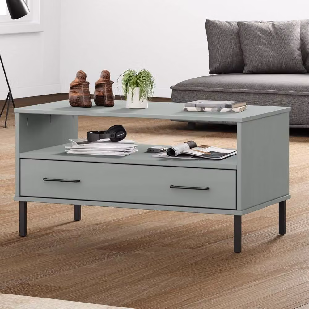 Berkfield Home Oslo Solid Wood Coffee Table with Metal Legs, Grey, W: 85 cm, D: 50 cm, H: 45 cm – 2