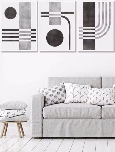 ARTZE Set of 3 Mid Century Abstract Geometric Wall Art in Black, Grey and White with White Frames, W: 33 cm, H: 45 cm, D: 2 cm