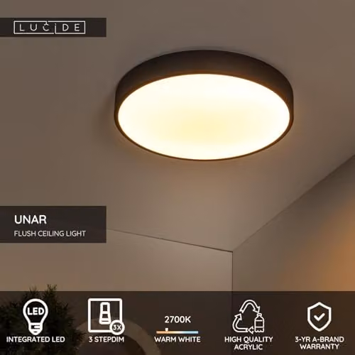 Lucide UNAR Dimmable LED Flush Ceiling Light, Black, Diameter: 39.5 cm – 2
