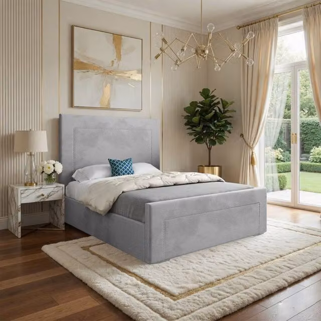 Casani Kettleshulme Upholstered Grey Velvet Designer Bed Frame, W/D/H: 200 x 137 x 200 cm
