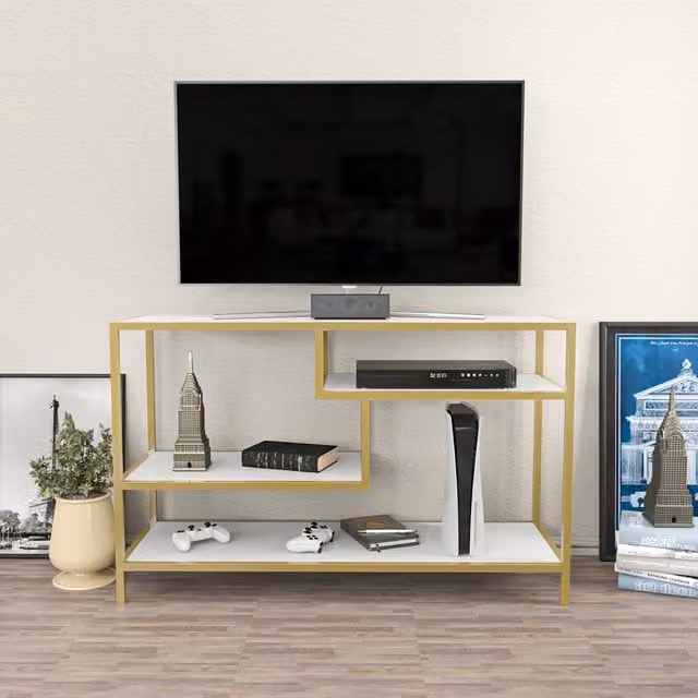 Robbins Modern Industrial TV Unit in White, Gold and Brown, W/D/H: 120 x 39 x 75 cm