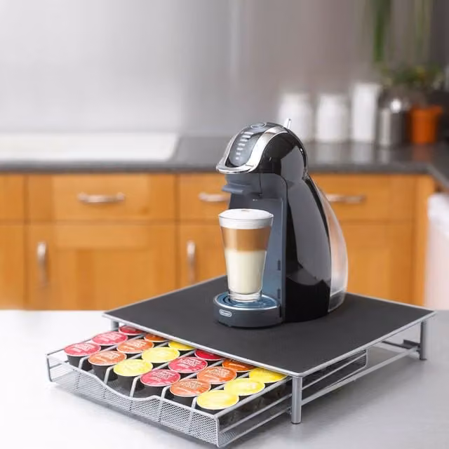Neo Freestanding Metal Coffee Machine Stand for Dolce Gusto Pods and Nespresso Cartons in Matt Black