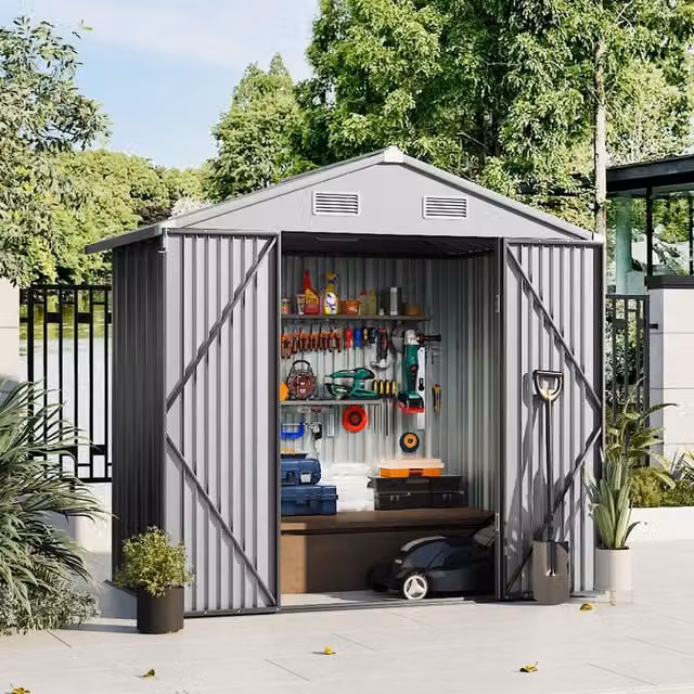 Breeins Metal Outdoor Storage Shed with Lockable Door in Grey and White