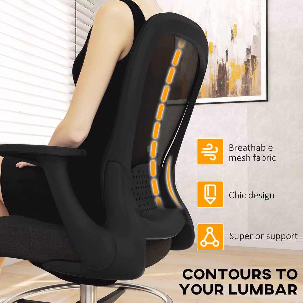STILVORA Black Fabric Draughtsman Chair with Flip-up Armrests and Foot Ring – 8