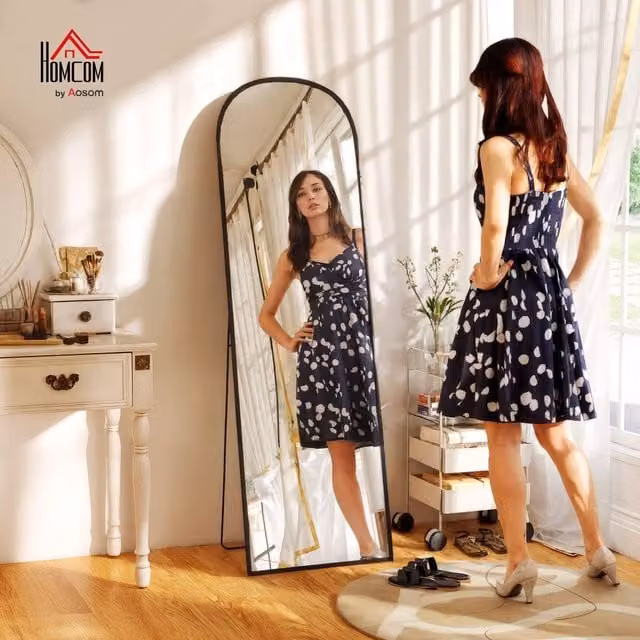 HOMCOM Full Length Rectangular Mirror with Aluminium Alloy Frame in Black, H 164.5 x W 60.0 cm