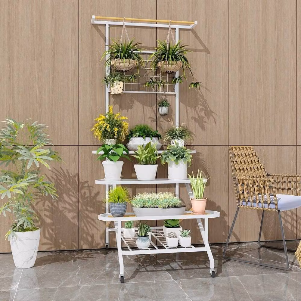 VOGREX 4-Tier Metal Ladder Plant Stand with Hanging Bar in White – 2