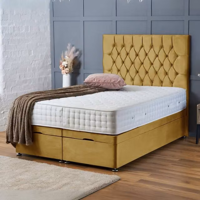 BSSPOKE Mia Ottoman Divan Bed in Mustard Yellow Plush Velvet with 54 inch Headboard, Double Size, W/D/H: 140 x 200 cm