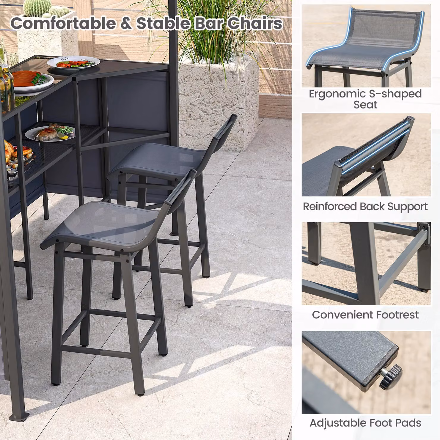 Gymax 3 Piece Grey Patio Bar Set with Grill Gazebo, Table and Bar Stools, W/D/H: 245 x 245 x 243 cm – 9
