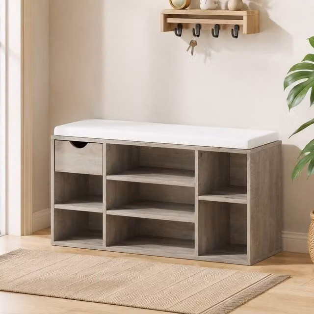 STILVORA Grey Fabric Shoe Storage Bench with Cushion – 1