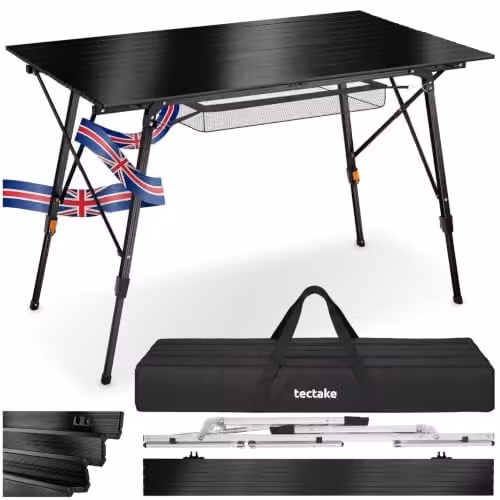 tectake Folding Camping Table in Black, Height-Adjustable and Portable with Storage Net, W/D/H: 120 x 70.5 x 58-79 cm – 1